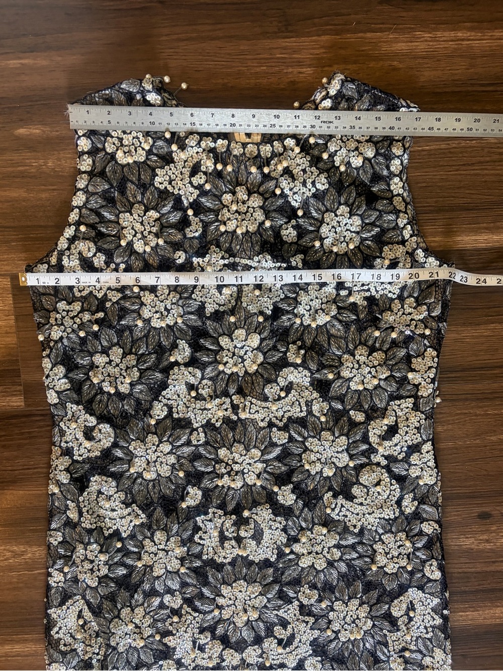 Vintage 60s Embellished Black Floral Beaded and pearls Shift Dress with slip - Picture 13 of 17